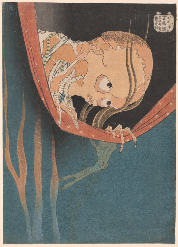 This frightening print illustrates the story of Kohada Koheiji, a Kabuki actor who was drowned by his wife’s lover but later came back to haunt the couple. The tale was popular in the 18th century, eventually inspiring a novel and several Kabuki plays. Here, the skeletal ghost of Kohada Koheiji pulls down the mosquito net and eerily peers at the sleeping couple in their bed.