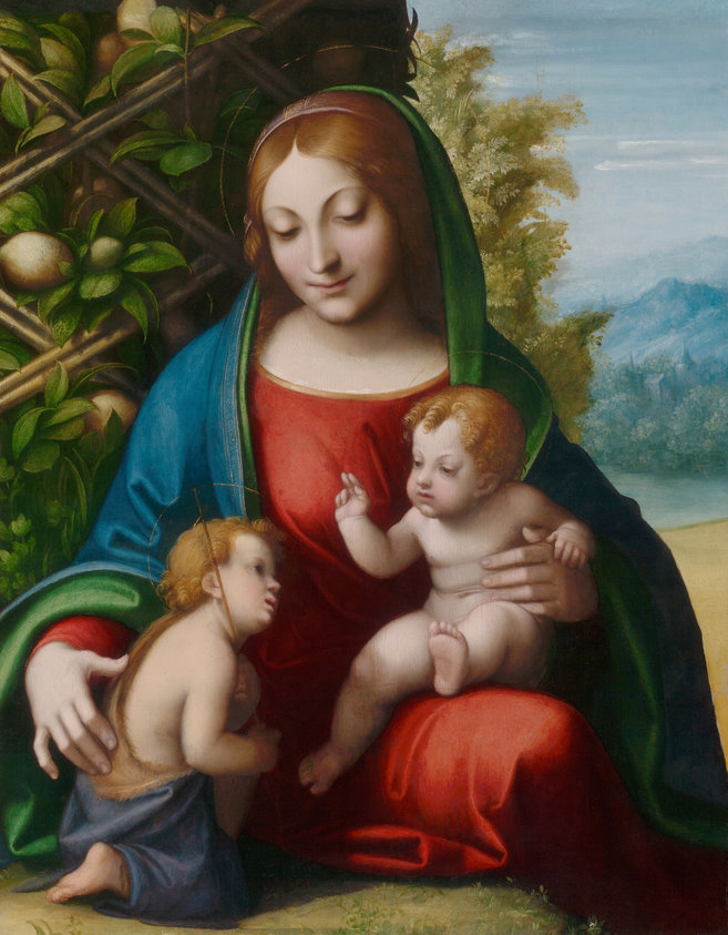 This intimate devotional panel, an early work by Antonio da Correggio, reveals the young artist's evolving style. The distant landscape demonstrates his awareness of Northern European precedents, and the figural composition references the manner of Raphael, while its soft outlines recall Da Vinci. The gentle sensuousness of the figures and the tenderness they show one another, however, are unique to Correggio.