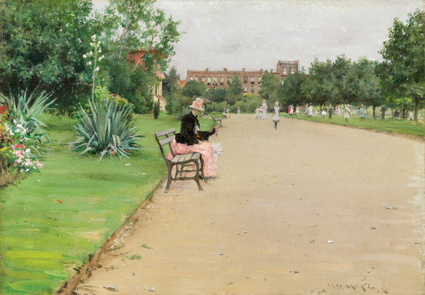 William Merritt Chase was one of the most influential painters at the turn of the 20th century. In this painting, which probably depicts Brooklyn’s Tompkins Park, half the canvas is filled by the wide, empty walkway. Its strong diagonal borders carry the eye into the scene. This informal piece, capturing the sparkle of a summer day, affirms the fresh perspective Chase brought to painting scenes like this one.