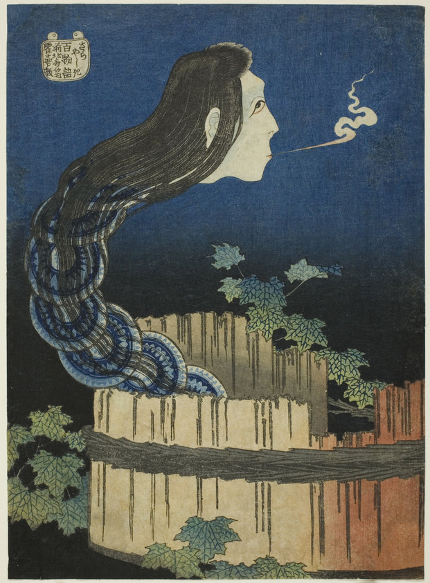 This print illustrates the legend of a woman murdered by her husband because she accidentally broke plates. Her corpse and the pieces of the dishes were thrown into a well, but her ghost returned every night to haunt him in the eerie form seen here. This small-format work features a bright blue color that may seem cheery to us, but Hokusai’s original audience would have associated it with death and the occult.