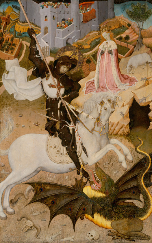 Bernat Martorell was one of the greatest painters in Catalonia, Spain, during the first half of the 15th century. Here, he rendered a frequently depicted episode from the popular legend of Saint George, in which the model Christian knight saves a town and rescues a beautiful princess. George’s halo and armor and the scaly dragon are richly modeled with raised stucco decoration.