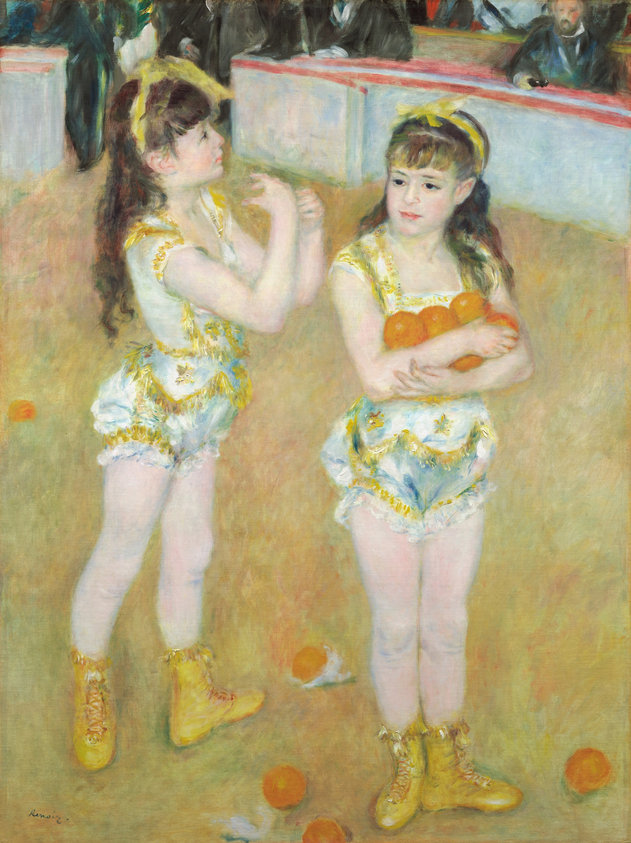 The two girls in this painting by Pierre-Auguste Renoir are Francisca and Angelina Wartenberg, acrobats who performed in the famed Cirque Fernando in Paris. They are depicted clutching oranges tossed to them from the crowd as gifts. Although they are painted standing in the center of a circus ring, Renoir actually painted them in his studio, where he could take full advantage of natural sunlight.
