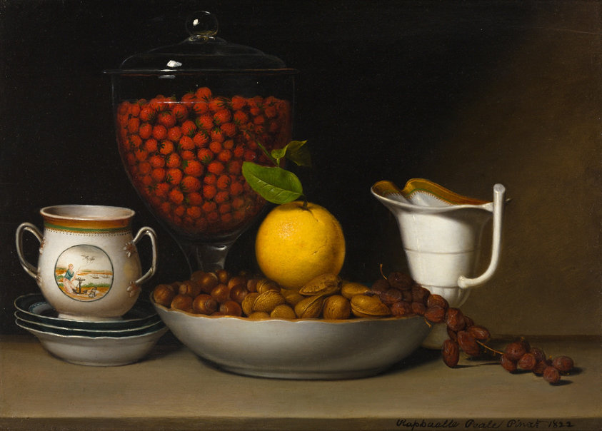 During Raphaelle Peale’s time, still lifes were relegated to the bottom of the hierarchy of painting subjects. Peale, however, ignored their low status and is now acknowledged as America’s first professional still-life painter and leading practitioner. In this particularly fine example, the rhythmic balance of fruit, nuts, and Chinese-export porcelain is enlivened by the diagonal branch of grapes becoming raisins and an orange leaf.