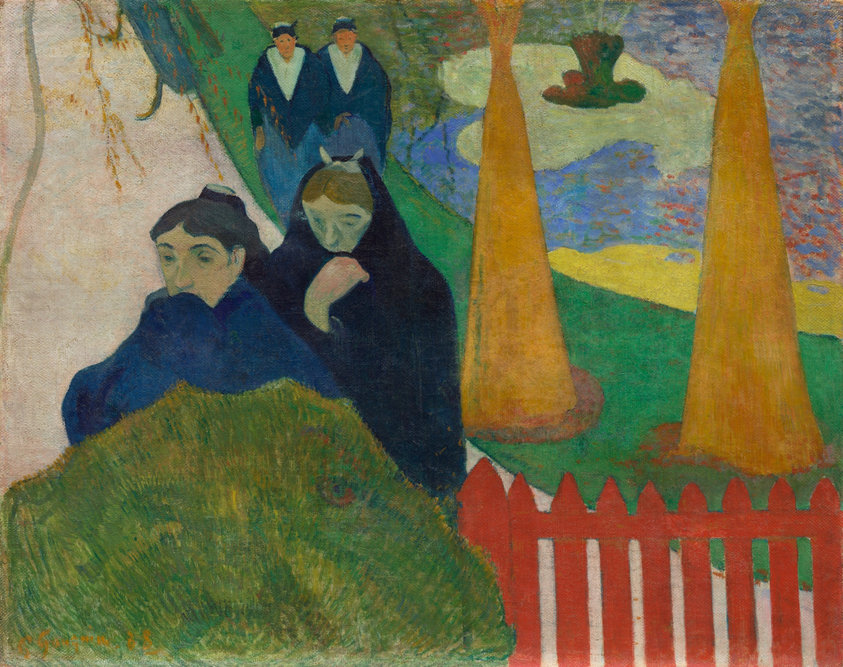 One of 17 canvases that Paul Gauguin completed during a brief and tumultuous visit with Vincent van Gogh in Arles, this powerful and enigmatic painting depicts the public garden directly across from Van Gogh’s house. The painting's large, ﬂat areas of color, arbitrary handling of space, and enigmatic silhouettes exemplify the deliberateness with which Gauguin sought visual harmony and symbolism in his work.