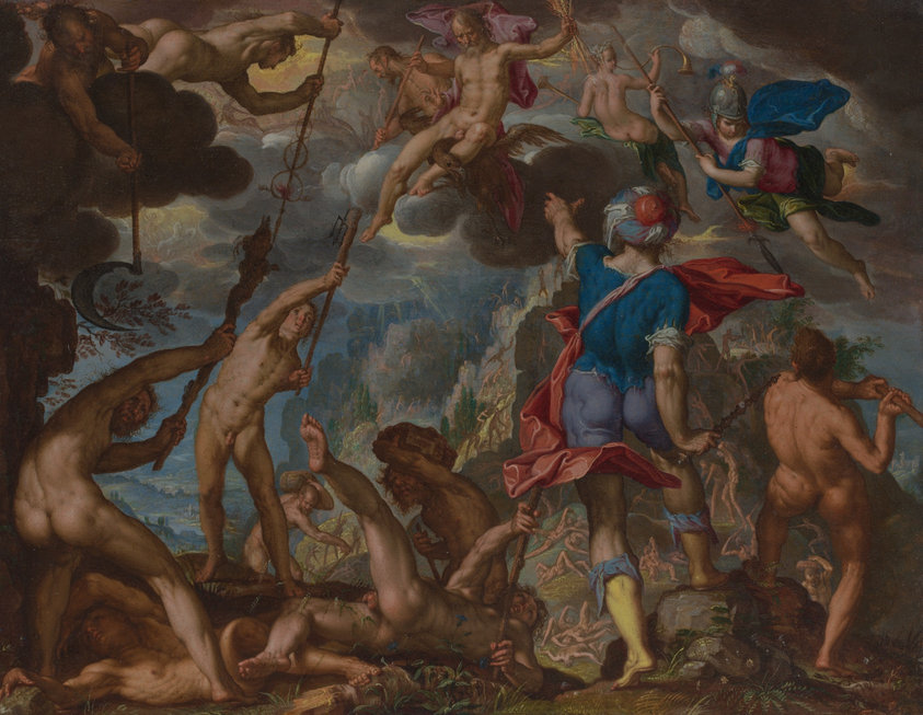 The victory of the Olympic gods over the ancient race of giants was a perfect subject for Wtewael to showcase exaggerated athletic poses and striking contrasts of space and light. Painted on copper, this small work almost appears gem-like. Wtewael's self-conscious display of skills was a hallmark of the international style known as Mannerism, which was fashionable in Holland around 1600.
