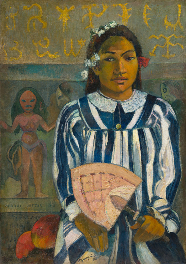 In this portrait, Gauguin depicts the 13-year-old Tahitian girl Tehamana in a missionary dress holding a Samoan fan. A ripe mango alludes to fertility. In the background, Gauguin combined various non-European emblems—glyphs derived from an Easter Island tablet and a female deity inspired by Polynesian and Hindu sources—to build a generic sense of foreignness, transforming Tehamana into the embodiment of his own imagination.