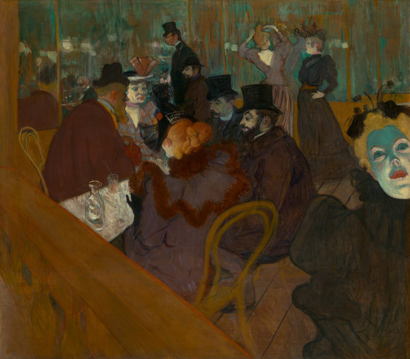Toulouse-Lautrec made a career depicting colorful personalities from Parisian cabarets and dance halls like the Moulin Rouge. He populated this painting with that nightclub's regulars, including himself—the diminutive figure in the center background. Dancer La Goulue arranges her hair behind the table where Jane Avril, another performer, socializes. Singer May Milton peers out from the painting's right edge, her face harshly lit and acid green.