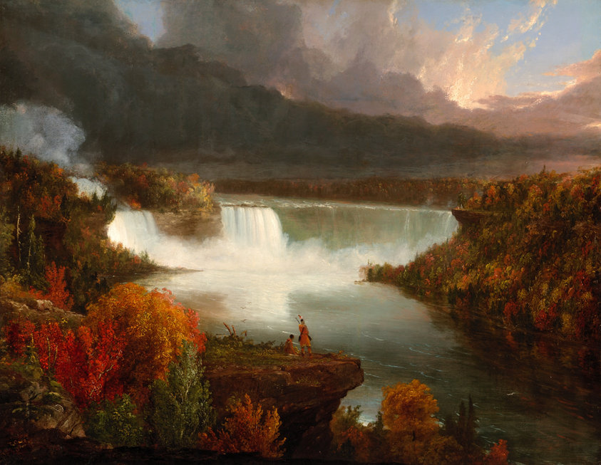 By the 19th century, Niagara Falls was already an iconic American landscape, nearly verging on mythical. Thomas Cole visited the landmark in May 1829 and composed this romanticized, autumnal scene the following year. In amplifying the natural grandeur of the American landscape, the artist wilfully ommitted the factories, scenic overlooks, and hotels that populated the area in the early 19th century.