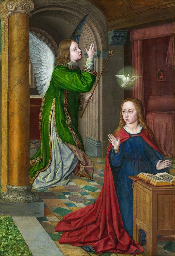 Jean Hey, known as the Master of Moulins, was a leading painter in 15th-century France. Here, he captured the moment the archangel Gabriel announced to Mary that she would give birth to a son. The painting once formed the right side of an altarpiece, with the left side depicting Mary’s own Immaculate Conception and a central section, now lost, featuring the enthroned Virgin and Child.