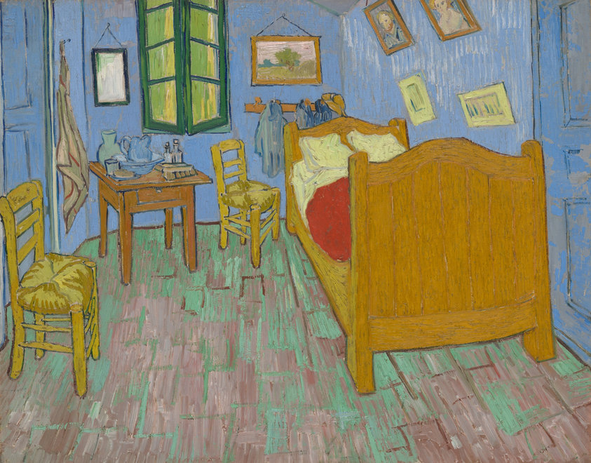 In 1888, Van Gogh moved into his own home in Arles, France. He dubbed it the “Studio of the South,” hoping that fellow artists would join him there to work. This is one of three versions he painted of his beloved Arles bedroom. While its vivid palette and dramatic perspective seem to burst with nervous vitality, Van Gogh intended the painting "to express utter repose."