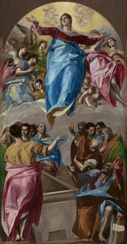This painting was the central element of an altarpiece that was El Greco’s ﬁrst major Spanish commission and large public work. The Virgin ﬂoats upward on the crescent moon, a symbol of her purity, while the apostles express amazement and concern. El Greco’s broad brushstrokes and bold color made this painting a favorite of modern artists such as Pablo Picasso and Mary Cassatt.