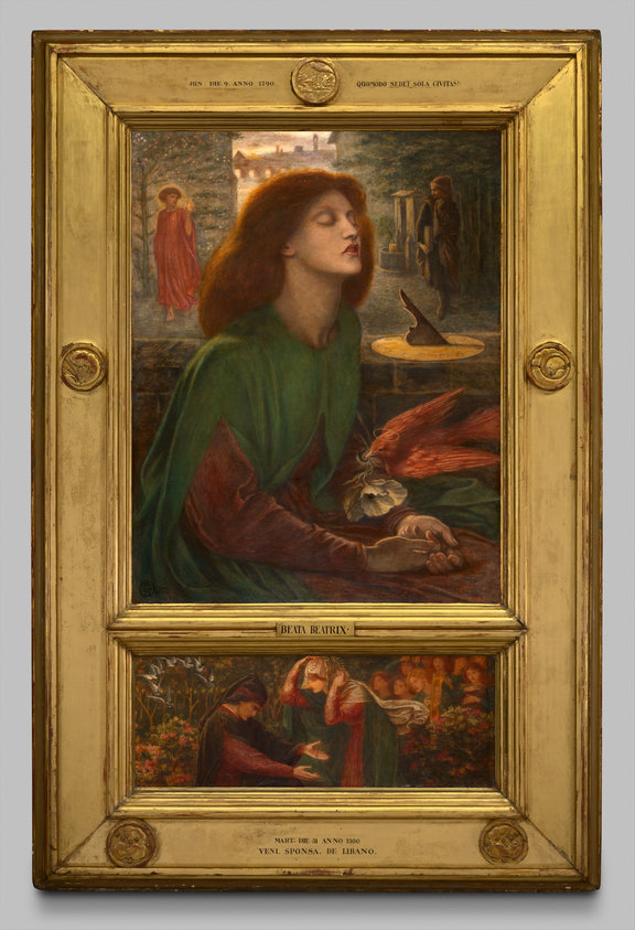 Dante Gabriel Rossetti was a founder of the Pre-Raphaelite Brotherhood, a circle of Victorian artists united in their regard for medieval aesthetics. Inspired by his namesake, Dante, Rossetti drew parallels in this work between the Italian poet's love for Beatrice and his own affection for his deceased wife and muse, Elizabeth Siddal, a talented artist and writer who died at age 32.