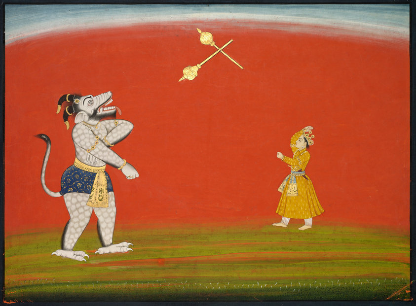 Pradyumna and Samvara fight with maces, from the "Large Basohli Bhagavata Purana"