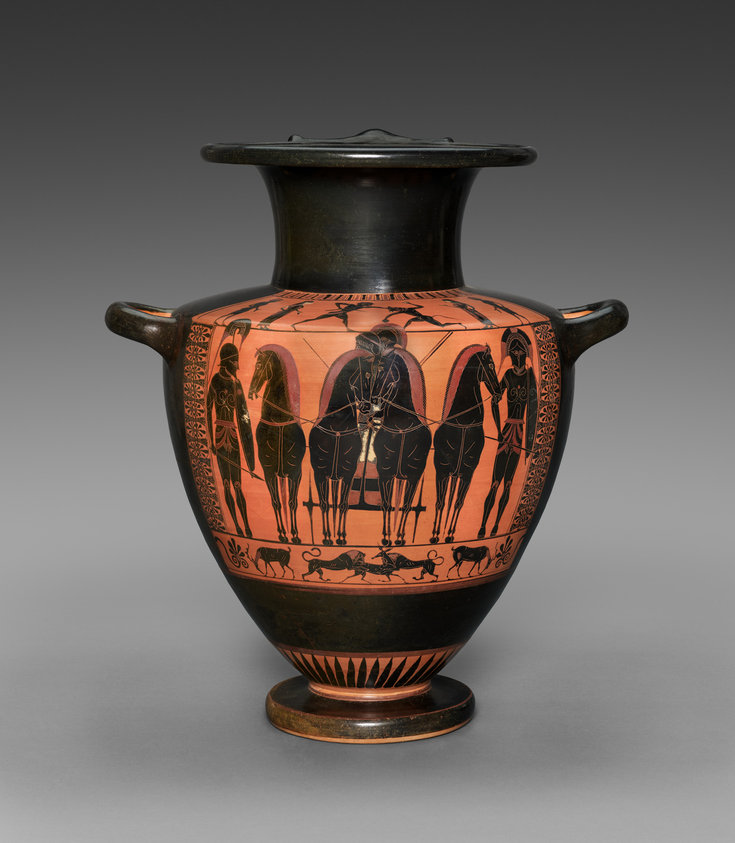 Black-Figure Hydria (Water Vessel): Frontal Quadriga (Body); Theseus and Minotaur (Shoulder)