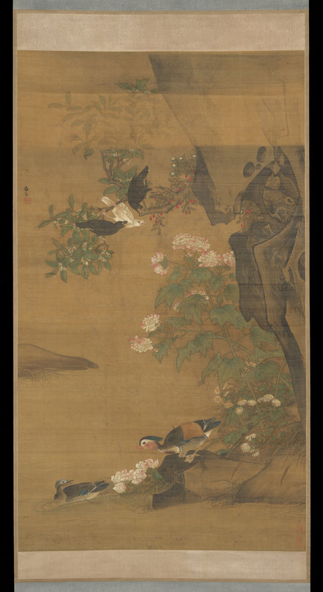 Mandarin ducks and cotton rose hibiscus