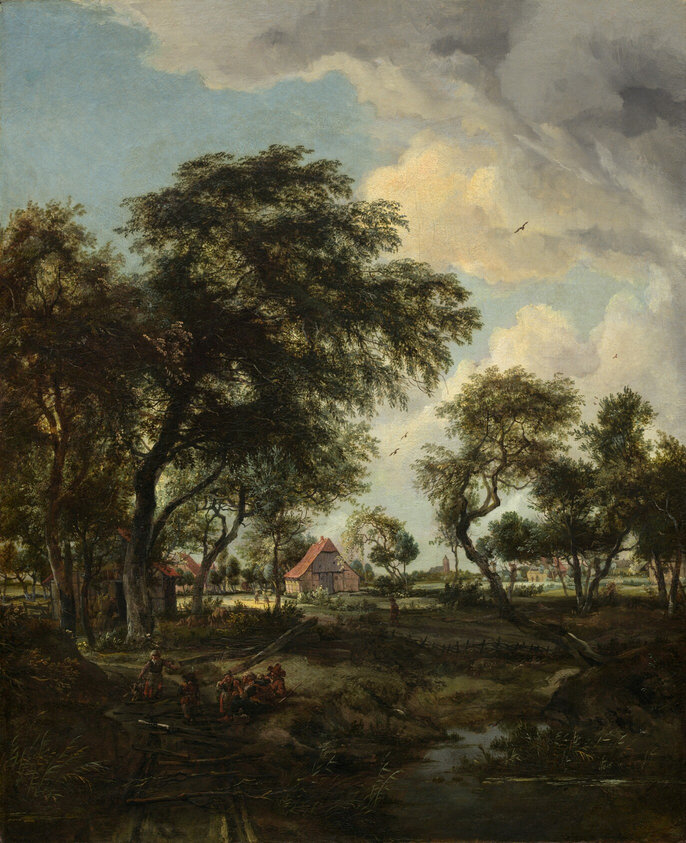 We look across a stream and through a loose screen of shadowy trees at a sunlit farm under a powder-blue sky with towering, puffy clouds in this vertical landscape painting. The ground and stream closest to us are painted in tones of olive green, sepia and earth brown, black, and slate gray. Nearly lost in shadow, a group of six people gathers at the water’s edge in the lower left. Small in scale within the composition, they wear brick-red, gray, or caramel-brown garments. Beyond them, a low picket fence winds through and between a loose band of shadowy trees, which are painted with gnarled, dark gray trunks and camel-brown, sage, and pine-green leaves. The trees to our left are closer and taller, while those to our right are a little farther away. The sun pours from the upper left into the field beyond. The farm buildings there have tan walls and sloping, peach-colored roofs. A few animals and people, smaller than the group in front, stand among the buildings, and more cottages can be glimpsed through a stand of trees on our right. The horizon line comes about a third of the way up the composition, and a church and steeple are silhouetted against the sky in the deep distance. A few birds fly in front of gray and white clouds that rise from the right side and spread across the top of the canvas.