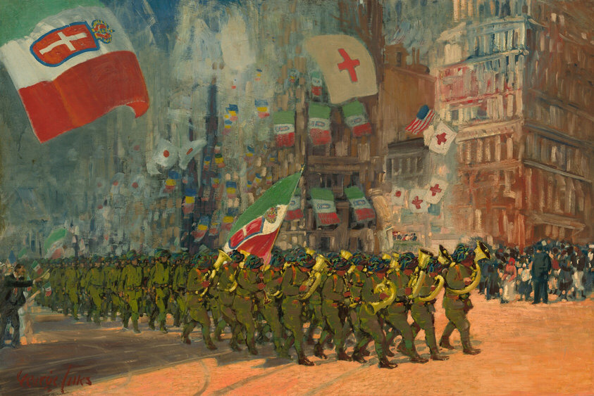 This painting depicts a military parade marching on a light orange street through a city adorned with countless colorful flags. The scene shows soldiers in olive uniforms walking in a long line towards the right, with a section at the front playing large golden instruments like tubas and horns. One of the soldiers at the front holds up a flag with long vertical stripes of green, red, and white, with a red, white, and gold crest in the center. On either side of the parade, the street is lined with onlookers painted in dots of white, tan, blue, black, and pink. The buildings in the background are painted in colorful shades of blue, white, tan and pink, and towards the left they fade into a misty blue-gray color. A large flag takes up the top right corner, and it has the same design as the one that the man in the parade is holding. The brushstrokes in the painting are thick and visible.