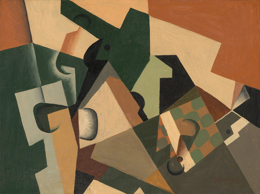 Irregular, geometric shapes in burnt orange, pale peach, light blue, forest and mint green, brown, taupe, gray, and black are layered and spread across this horizontal, abstract painting. They are mostly flat planes of color. One shape to our right of center has four rows of rounded rectangles to create a checkboard pattern of sage green against terracotta brown. A wide parchment-brown band divides the checkboard from top to bottom. The artist signed the lower right, “Juan Gris.”