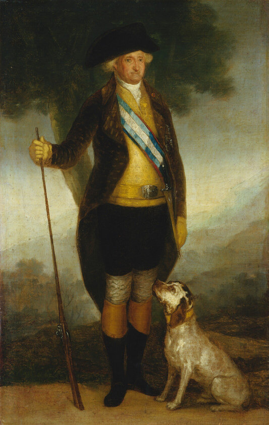 This painting shows a man standing upright, his body slightly turned to the right. He has pale skin and curled white hair under a large black hat, and he wears a long brown jacket over a yellow vest with a white ruffled neck and a wide blue-and-white striped sash over his torso. His pants are black, and he wears tall black boots with brown tops. His hands are covered by yellow gloves, and he is holding a tall, thin rifle on the left, its bottom on the ground. Next to him on the right is a white dog with brown spots and large brown ears. The dog is sitting, looking up at the man. The background features an outdoor setting, with a landscape of hazy hills in shades of pale green and blue below a white and gray sky. There is a tall, dark green tree behind the man, and the ground he stands on is brown.
