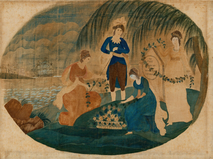This is a painting of a pastoral scene near the water with a ship and buildings in the background. The artwork is in the style of American folk art, presented in an oval frame. The image depicts a serene landscape by the water, with figures engaged in activities such as gathering flowers in the center. The foliage is in shades of green and brown, spreading above under a lightly clouded, blue sky. On the left side, a ship is anchored near the shore, with buildings visible in the distance. The water has soft waves, contrasting with the rocky ground in the foreground. The pastel colors create a calm and reflective mood, evoking tranquility and connection with nature.