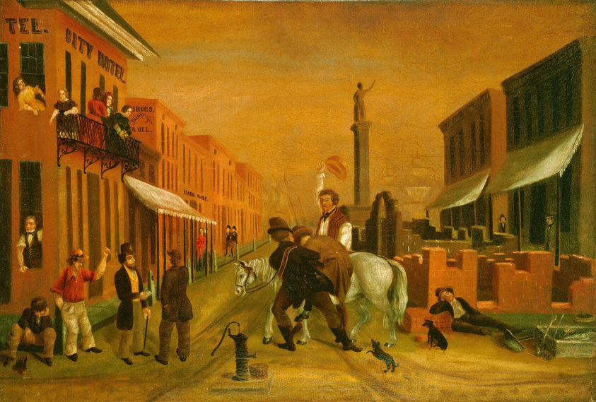 The image shows a street scene with an urban setting. The composition includes buildings, a statue on a pedestal, signs like "City Hotel" and "Hard Ware," a group of men with a horse, a water pump, two dogs, people on a sidewalk and hotel balcony, additional figures, a worker with stacked bricks. The color palette features warm tones like orange, brown, and green. Brushstrokes are precise and detailed, creating a realistic depiction of the scene.