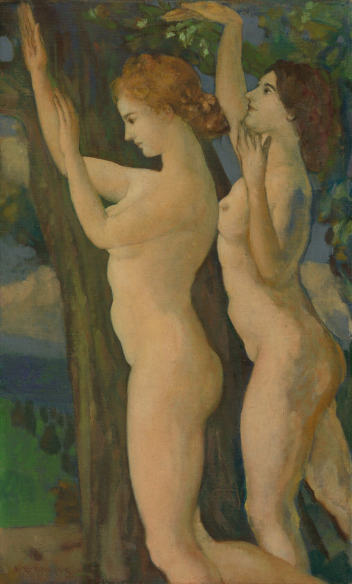 This painting depicts two nude women standing, facing the left. The women have pale skin, and the woman on the left has red-blond hair while the woman on the right has dark brown hair. They are both reaching upward, and behind them is a tall tree with green leaves. Behind the tree is a green landscape with distant blue mountains under a cloudy blue sky.