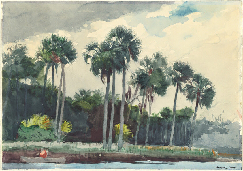 This painting shows a landscape with tall palm trees and bright green ferns by a body of water. In the background is a dense, dark forest in shades of black and dark blue. Closest to us, light blue water flows horizontally across the painting. In the bottom left corner, there is a long gray canoe that appears to have a person sitting in it, wearing red and holding a long white fishing line. The color palette includes shades of green for the trees and soft blue, white, and grey for the sky. The brushstrokes in the painting are loose and expressive, allowing colors to overlap and blend together.
