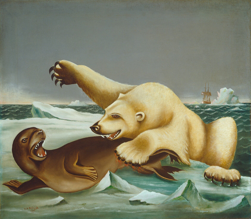 This is a painting of a polar bear attacking a seal on an iceberg in the ocean. The bear has cream-colored fur with some patches of dark yellow, and its large paws end in sharp claws. The seal has sleek brown fur or skin. The bear is poised atop the struggling seal, one of its large paws raised upward and the other clawing the seal's side. The seal's mouth is open, its head turned to look back at the bear. The icy landscape includes jagged ice formations and a green-blue ocean that stretches to the horizon, with a distant ship sailing next to another tall iceberg. The sky above is flat gray, with some lighter tones near the horizon.