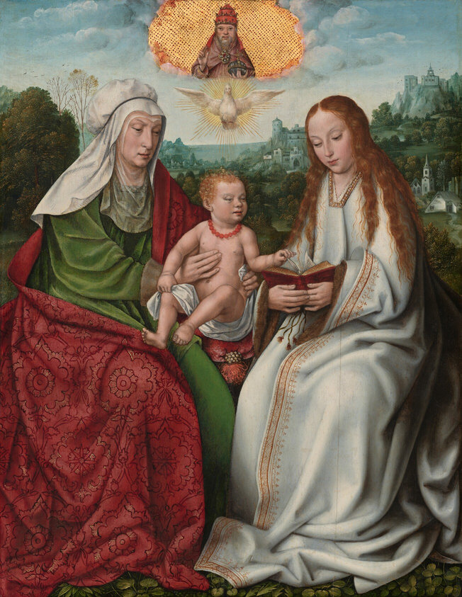 This painting depicts three people seated side-by-side outdoors. The central person is a young, nude child with curly, reddish hair and a red beaded necklace, sitting on a red cushion. Their head is turned to the right. The woman on the left wears a white head covering, a sheer veil around her neck, a green dress, and a red cloak with floral designs. She holds the torso of the child and drapes a white cloth around its legs. The woman on the right has long, flowing reddish hair and wears a white dress or robe with gold detailing down the front, on the neckline, and on the wrists. She holds an open red book, and the child is turning one of the thin pages. All three people have pale skin. Above them, in the cloudy blue sky, there is a white dove with its wings outstretched, gold lines radiating from it. Above the dove, there is an image of a crowned bearded man with pale skin, wearing red robes and holding an orb. He is against a golden background with red dots that breaks through the pale clouds. The background shows a landscape with green trees, hills, and pale blue buildings.