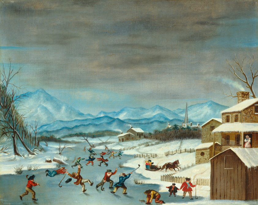 The painting depicts a wintry scene from an elevated point of view, showing people skating and playing games on a frozen river. On the left, leafless trees line the frozen bank. On the right, there are brown buildings with snow on their roofs and smoke rising from their chimneys. A woman stands on one of the porches, holding a small child. On the snowy ground outside the buildings, a sled is being pulled by two horses. In the center of the painting is the wide frozen river. The people on it wear colorful clothes in shades of red, yellow, green, blue, and brown. Some of them slip and fall on the ice, and others lace skates on their feet. Four men in the center hold long curved sticks and look towards a small round ball on the surface of the ice. In the distance, the horizon is marked by blue-tinged mountains under a cloudy gray sky.
