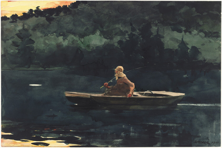 This painting shows a person in a rowboat on calm water, fishing. The boat is positioned horizontally across the painting, and the person in it faces the left, looking forward. Their left hand holds the side of the boat while the right holds a long fishing pole that is placed over their shoulder. They wear long-sleeved brown garment and a tan hat with cloth panels that cover their neck and chin. Their skin is a light red color, and they appear to have a gray mustache. In the background there are dense dark green trees, and in the upper left corner a sliver of glowing sky in shades of orange and yellow is visible. Around the boat is dark blue water, with a hint of the yellow sky reflected in the bottom left corner.