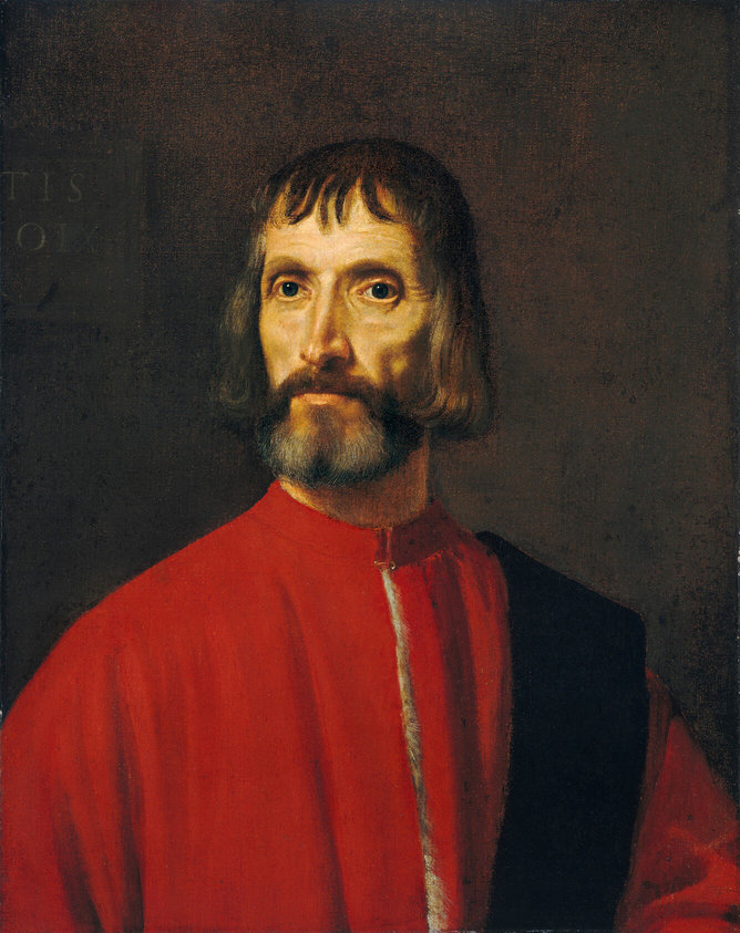 Shown from the chest up, an older, pale-skinned man dressed in scarlet red faces us in this vertical portrait painting. His slender body is turned slightly to our right, but his head turns back to our left so he gazes at a point just over our left shoulder. His large, deep-set dark blue eyes are lined with crow’s feet over high, angular cheekbones. His dark brown beard is shot through with silvery gray, and he has brown, chin-length hair and bangs across his lined forehead. His red garment has a high neck, and the opening down the front is lined with white, perhaps fur. A black sash drapes over his left shoulder, to our right. He is illuminated with warm light from the upper left and set against a dark brown background. A portion of an inscribed plaque is visible just over his right shoulder. It reads, “…TIS …OIX.”