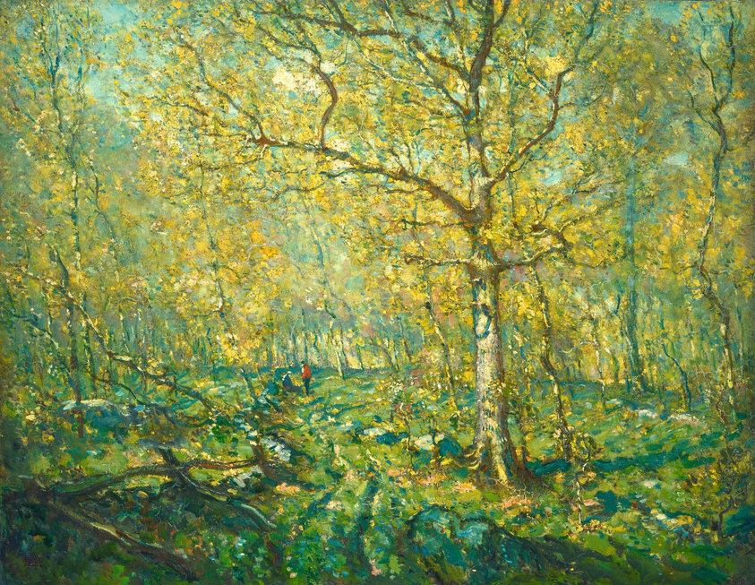 This painting depicts a sunlit forest with densely packed trees. Sunlight filters through the leaves, casting a warm glow and illuminating shades of green with hints of yellow and gold. The forest floor is covered in dark green vegetation and gray rocks, with small visible people in the distance. One of the people is wearing a red shirt or jacket. In the background, the trees become less defined and merge into a misty blur of light and dark greens. The paint has been applied with thick, visible brushstrokes.