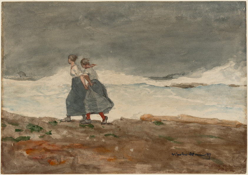 This painting shows two women walking towards the left on a gray-brown shore, dressed in white blouses and blue skirts, one wearing red stockings. They both have pale skin, and their faces are turned away from us. Their skirts are blowing in the wind, and strands of dark hair have come out of their low buns. The sea behind them is turbulent with crashing white and blue waves, under a dark gray overcast sky. The shore is dotted with small areas of green, white, and rusty red. The scene is painted in soft and fluid strokes.