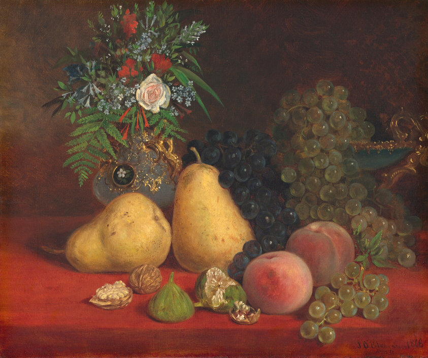 This painting features two large yellow pears in the center, surrounded by clusters of purple and green grapes cascading down from a gilded teal dish on the right. Next to the pears are two pink peaches, with walnuts and green figs in front of them. In the background on the left, there is a decorative blue vase with gold filigree, filled with various colorful flowers and green leaves, including a white rose, red flowers, and small pale blue flowers. The arrangement is on a table with a red covering, and the wall behind them is dark brown.