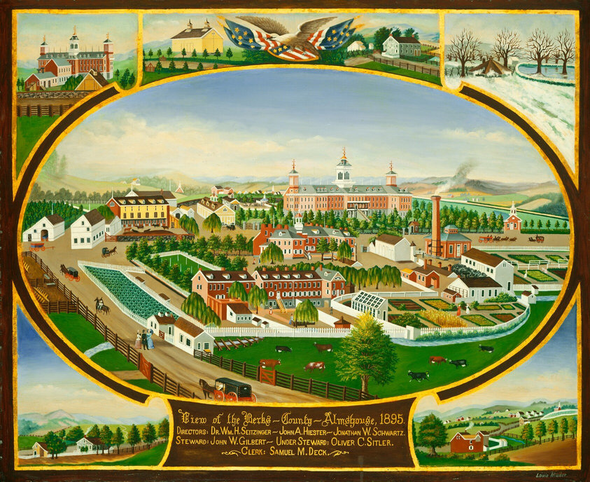 The image shows a bird's-eye view of a pastoral community with a central large building complex surrounded by lush greenery and small structures. The horizon is high, displaying rolling hills and a light-filled sky. The brushstrokes are detailed, highlighting symmetrical trees, fields, and buildings. The color palette includes greens, reds, browns, and soft blues, accented by white picket fences and an American flag. Horse-drawn carriages and small figures are visible, and smoke rises from a chimney in the distance. Vignettes around the border show additional buildings and scenes linked to the community.