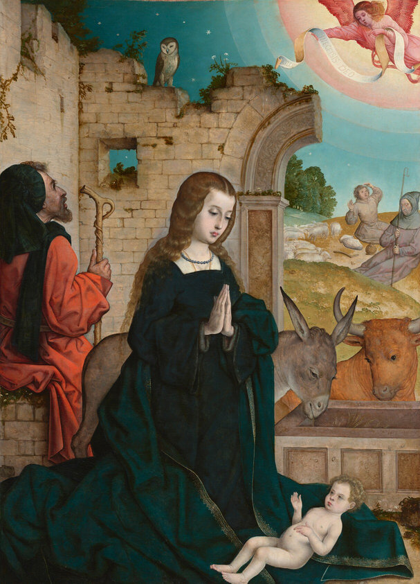In the stone ruins of a building, a woman, Mary, kneels with her hands in prayer over a thin-limbed baby lying in front of her in this vertical painting. There is a man behind Mary, to our left, two more in a field to our right, and a winged angel in the upper right corner. They all have pale skin. Mary’s unbound blond hair falls over her shoulders. She wears a celestial-blue dress, and her teal-blue cloak is edged with gold. Her body is angled to our right, and she looks down her straight nose at the baby near her knees. The nude baby has blond curls and a chubby tummy and cheeks. An ox and an ass look down at the baby from behind a stone trough to our right. The man behind Mary wears a forest-green cap and scarf over a tomato-red robe. One hand rests on a staff, and he looks up at the angel in the top right corner. An owl looks down at the man from atop the stone ruins, near the top left corner. Two men recline and about a dozen white sheep lie on low hills in the near distance to our right. One of those men sleeps and the other holds up both hands as he looks into the sky. The angel in the top right corner emerges from a petal-pink and pale yellow halo against a star-strewn blue sky. The angel wears rose pink and has dark pink wings. A scroll held across both arms reads, “GLO” and “INECELSIS DEO.” &nbsp;