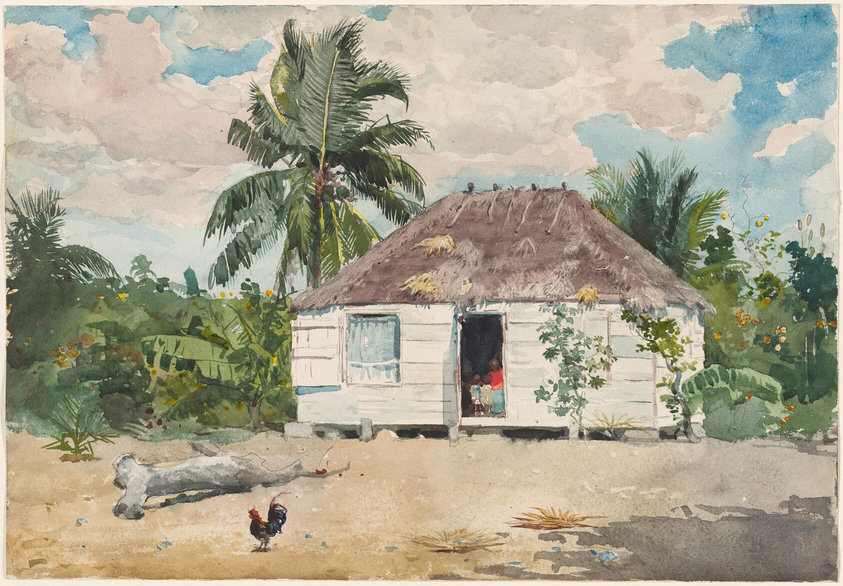 This painting shows a white thatched-roof house on open, sandy ground. The brown thatched roof of the house has some yellow grass poking through. People can be seen in the open doorway of the house, identifiable by spots of red, blue, and light-yellow clothing. Behind the house is lush green tropical foliage with a few tall palm trees. A rooster is visible on the sandy ground in front of the house next to a long, white object that may be a downed tree trunk. The sky is filled with large white cumulus clouds and patches of bright blue.