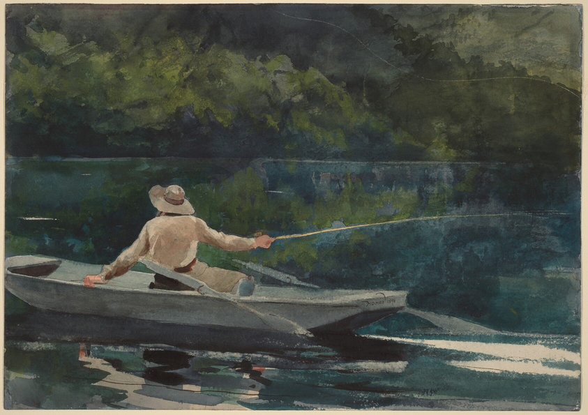 This painting shows a person fishing in a small blue-gray boat, situated to the left of center. The individual's back is to us, and they hold a fishing rod that extends from the center of the painting into the water on the far right. The person is wearing a tan shirt, tan pants with a brown belt, and a wide-brimmed tan hat. There are thick, dark green and blue trees in the background; the water reflects dark greens and blues, as well as shades of tan and white from the boat and person. The brushstrokes are loose, and different colors of paint blend softly with one another.