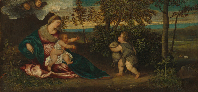 This painting depicts a woman seated outdoors with a baby in her lap on the left and a young child standing nearby on the right. The woman is sitting on the ground, while the baby is facing the right with their arms outstretched. The baby is partially wrapped in a white cloth. The woman has a serene expression and delicate facial features. She is wearing a green and red robe. The young child on the right is holding a small lamb and has curly blond hair. In the upper left corner of the painting, two cherubic faces peer down from a cloud. The background shows a pastoral setting with trees, shrubs, hills, grass patches, and bunnies near the forest edge, under a cloudy sky.