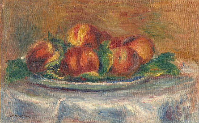 In this painting, a collection of large, ripe peaches sits on a light green plate with a white rim. The peaches are painted in shades of orange, yellow, and red, with some areas of dark red and black. They are surrounded by wide green and yellow leaves that extend off the plate to the left and right. Beneath the plate is a surface covered in a draping white cloth, its surface painted with shadows in shades of blue and purple and hints of green, and the wall behind the peaches is a tangerine orange color with sections of dark blue, red, green, and peach. The brushstrokes in the painting are thick and visible, with different colors of paint applied over one another in wide, swirling strokes.