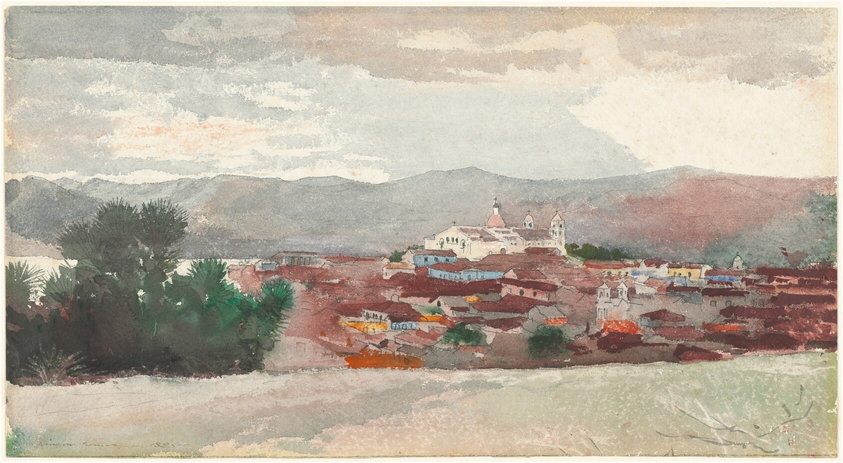 This painting shows a landscape with a village seen from above. The view includes red rooftops and a white church with dome-shaped structures. In the background, there are distant mountains in shades of purple, blue, and red. There are dark green trees on the left, in front of what looks like a pale body of water. Closest to us is a strip of green that suggests a hilltop. The sky above is cloudy, with shades of gray and cream. The brushstrokes in the painting are thick and fluid.
