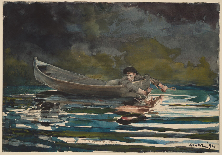 This painting shows a person in a small boat on a body of water. The person is all the way on one end of the boat, leaning towards the right and reaching out over the side of the boat, holding a rope that appears to be tied to the white antlers of a large brown deer that is almost completely submerged in the water. A black-and-white dog swims in the water behind the deer. The person has pale skin and short brown hair, and they are wearing a black hat and a gray coat. The boat is gray-brown, and the water below is painted with lines of blue, white, green, and teal. The background is a mix of dark gray and olive green.