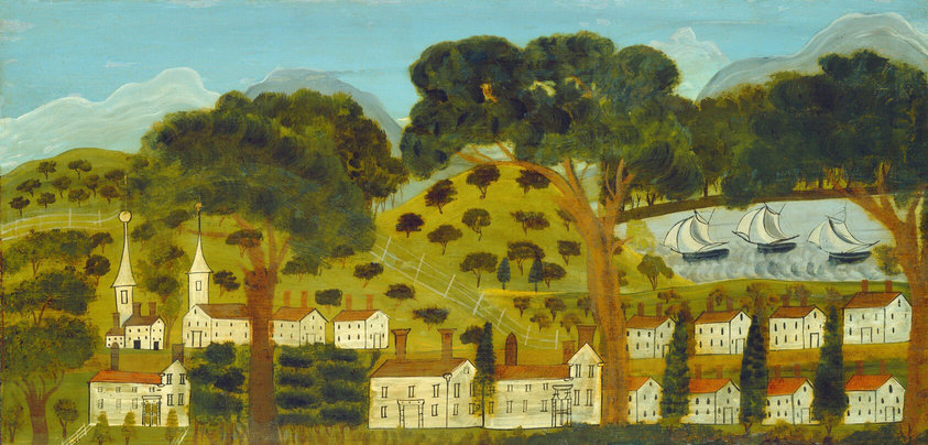This painting shows a village nestled in hills and trees with a cloudy blue sky at the top. Closest to us are simple white buildings, some with white spires and others with red and brown roofs, surrounded by tall trees. In the distance there are hills, smaller trees, and sailboats on a body of water on the right. The artwork has visible brushstrokes, and the buildings are simple and flat. The color palette is earthy, with soft greens, warm tans, and light whites and yellows.