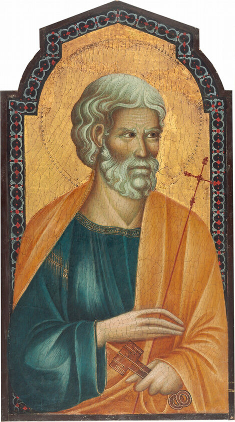 This painting depicts a man with light skin, white hair, and a white beard wearing an orange cloth draped over a dark-blue garment with gold embroidery around the shoulder and neckline. He holds two large red keys in his left hand, and a thin, red, cross-topped rod in his right hand. There is a faint outline of a halo around the man's head, which is slightly turned to the right. The background is gold, enclosed within a red, white, and black patterned border.