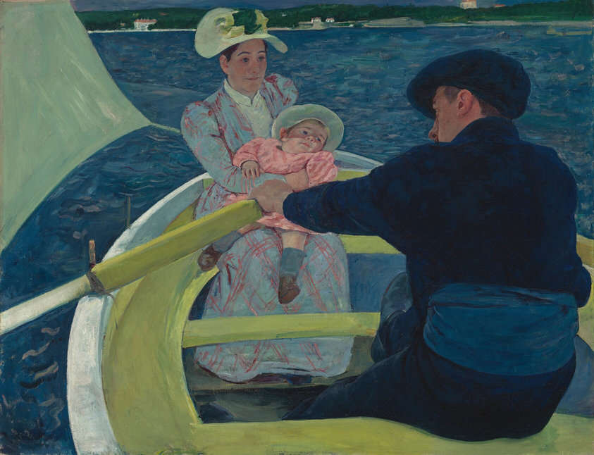 We look slightly down into a lime-green and white rowboat carrying a woman holding a baby and a man in this nearly square painting. The man wears midnight-blue shoes, pants, jacket, and soft, floppy cap. He sits with his back to us, bending forward to row the boat, which is cropped by the bottom edge of the canvas. The left side of his ruddy face is visible over his left shoulder. The woman and baby both have pale skin. The woman and baby sit across from the man, facing us to our left in the bow. The woman’s long-sleeved, sky-blue dress is crosshatched with pink lines. The baby leans back in the woman’s arms, and wears a pink dress, blue socks, and brown shoes. The wide-brimmed hats on both the woman and baby are painted pale celery green. They gaze toward or just past the man. The corner of the boat’s sail, also painted pale green, is pulled taunt by the wind to our left. Azure-blue water surrounds the boat up to the high horizon line, which brushes the top edge of the painting. The shoreline in the distance is lined with trees and dotted with white houses with red roofs.