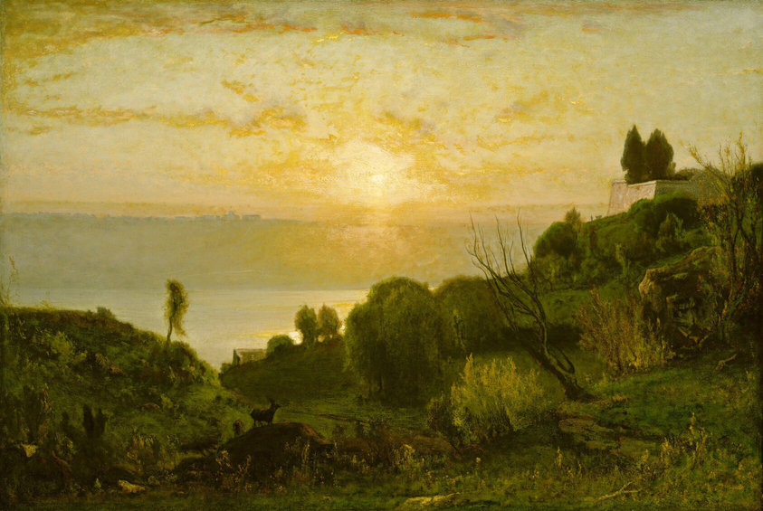 This painting shows a green landscape from an elevated viewpoint. In the distance, light blue water meets a pale-yellow sky, and the sun casts a golden glow over the landscape. Closest to us is a shore covered in overlapping greenery and several round trees. There is a small hill on the right, with a small gray structure sitting atop it. At the bottom, two indistinct brown animals graze on a dirt mound. Behind them, another gray building is tucked away behind bushes and trees. Golden clouds drift across the sky.