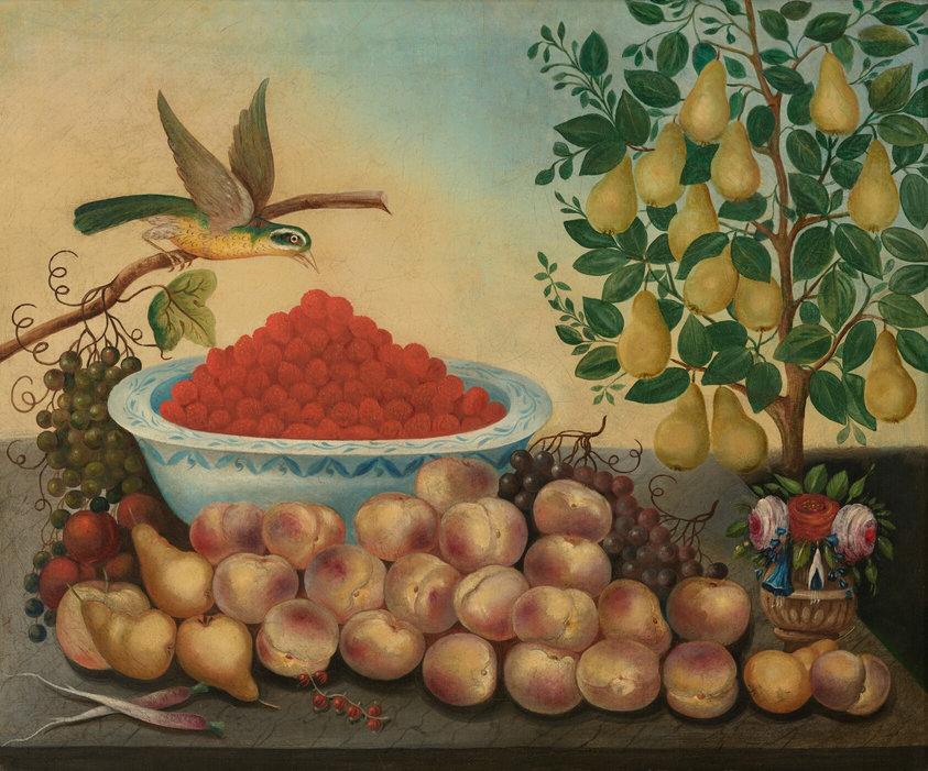 This painting shows a bowl of red raspberries resting on a surface. The bowl is pale blue with blue details on the rim, and it is surrounded by a pile of pale peaches and pears, red plums, and green and purple grapes. In the bottom left corner, there are some pale purple-and-white carrots and a small group of red berries. On the right is a tree with yellow pears and a small vase with red and white roses. On the left is a thin brown branch with a bird perched on it. The bird has a green back and a yellow chest, and it is leaning down towards the raspberries, its wings flared and its beak partially open. The surface these items rest on is dark gray and the background is a gradient of pale yellow on the left and light blue on the right.
