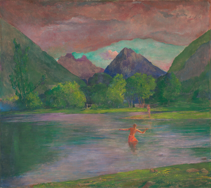 This is a landscape painting depicting a body of water surrounded by greenery, with tall green and purple mountains in the background under a sky full of dark pink clouds and a strip of bright blue-green. To the right of center, a person stands in the water, submerged up to their thighs. The person faces away from us. Their skin is painted in shades of light orange and tan, and they have an orange cloth wrapped around their waist. They hold a long, thin spear, and look down at the water. Behind them, on the opposite shore, another indistinct person looks on, standing on the grassy green ground. At the edge of the tall mountains is a line of green trees. The wide water reflects the green and purple of the mountains, as well as the pink of the sky.