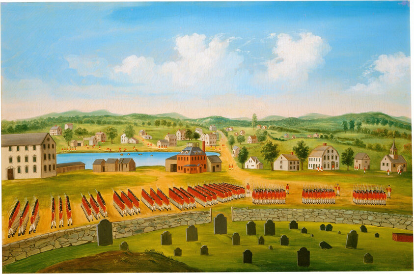 The image shows an elevated view of a landscape with hills and a river or lake in the distance. Several buildings, including a church, are scattered across the land. Soldiers in red and white uniforms are lined up near a stone wall and gravestones in the foreground. The sky is blue with a few scattered clouds. The painting style uses precise brushstrokes, featuring a color palette of soft blues, greens, reds, and muted tones.